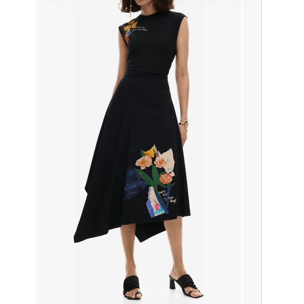 NWT Desigual black asymmetrical midi floral cap sleeve dress medium